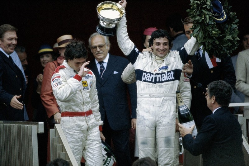 Riccardo Patrese celebrating his first GP win (Autosport pic)